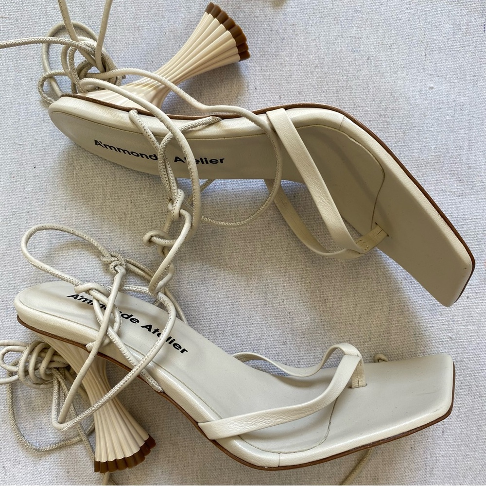 A'mmonde Atelier Square Toe Heels Ivory Anastassia 100 Ankle Tie Size 36.5 - Picture 6 of 10